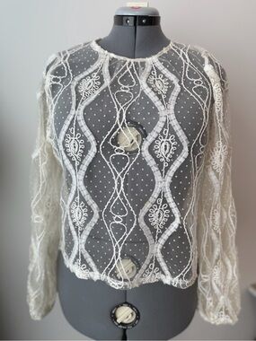 Zara White Sheer Embroidered Lace Long-Sleeve Blouse